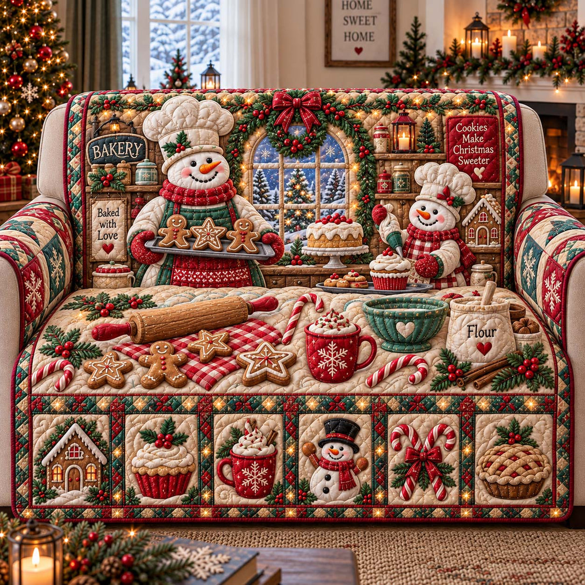 Snowman Christmas Bakery Quilted Sofa Cover GFTONTD3195