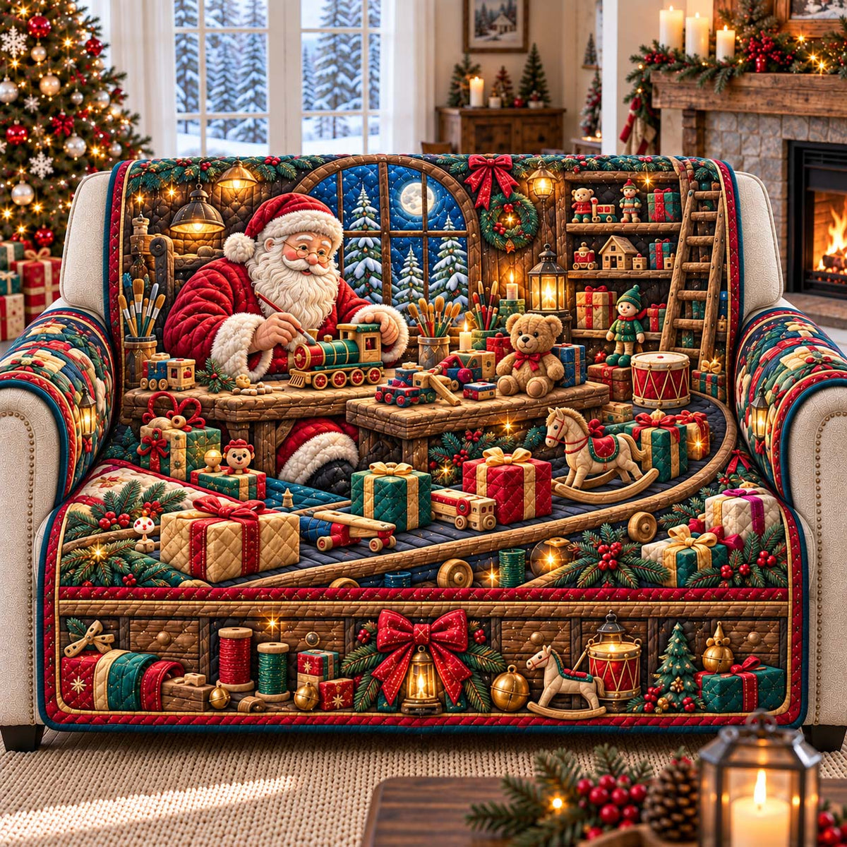 Santa Toy Workshop Quilted Sofa Cover GFTONTD3196