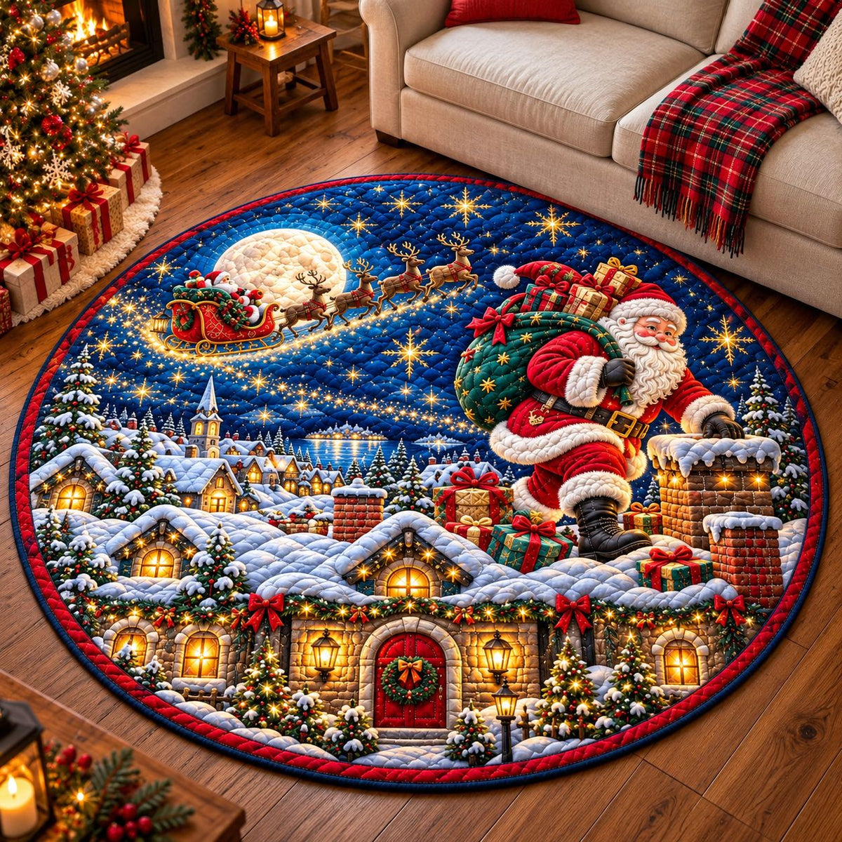 Santa Rooftop Delivery Quilted Round Mat GFTONTD3198C2