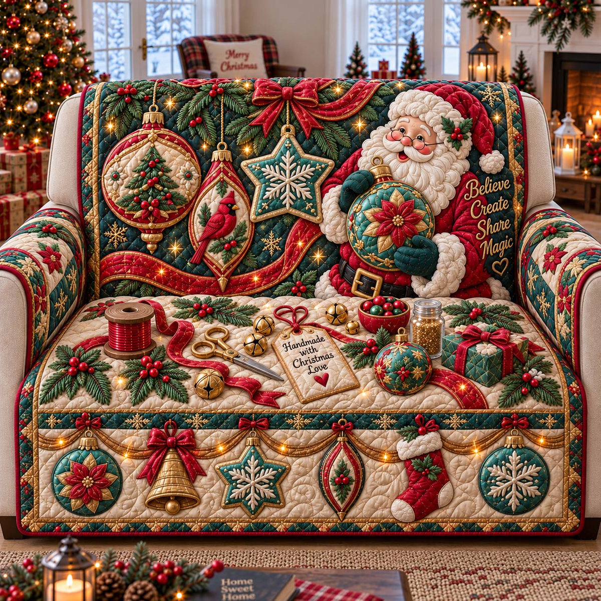 Santa Ornament Workshop Quilted Sofa Cover GFTONTD3200