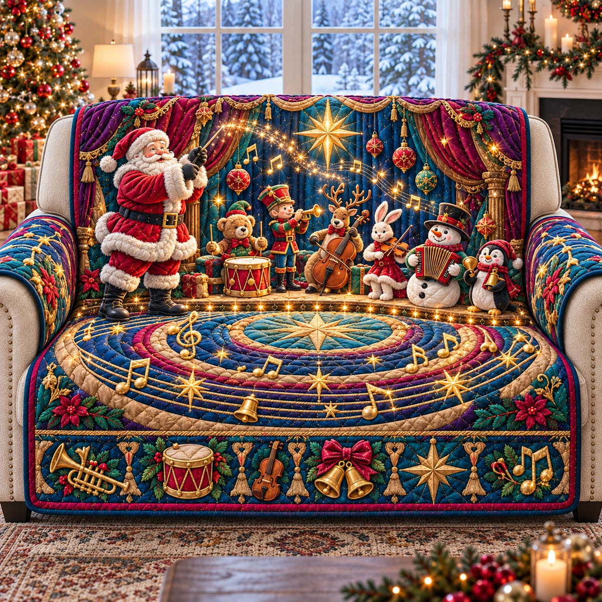 Santa Christmas Music Quilted Sofa Cover GFTONTD3201