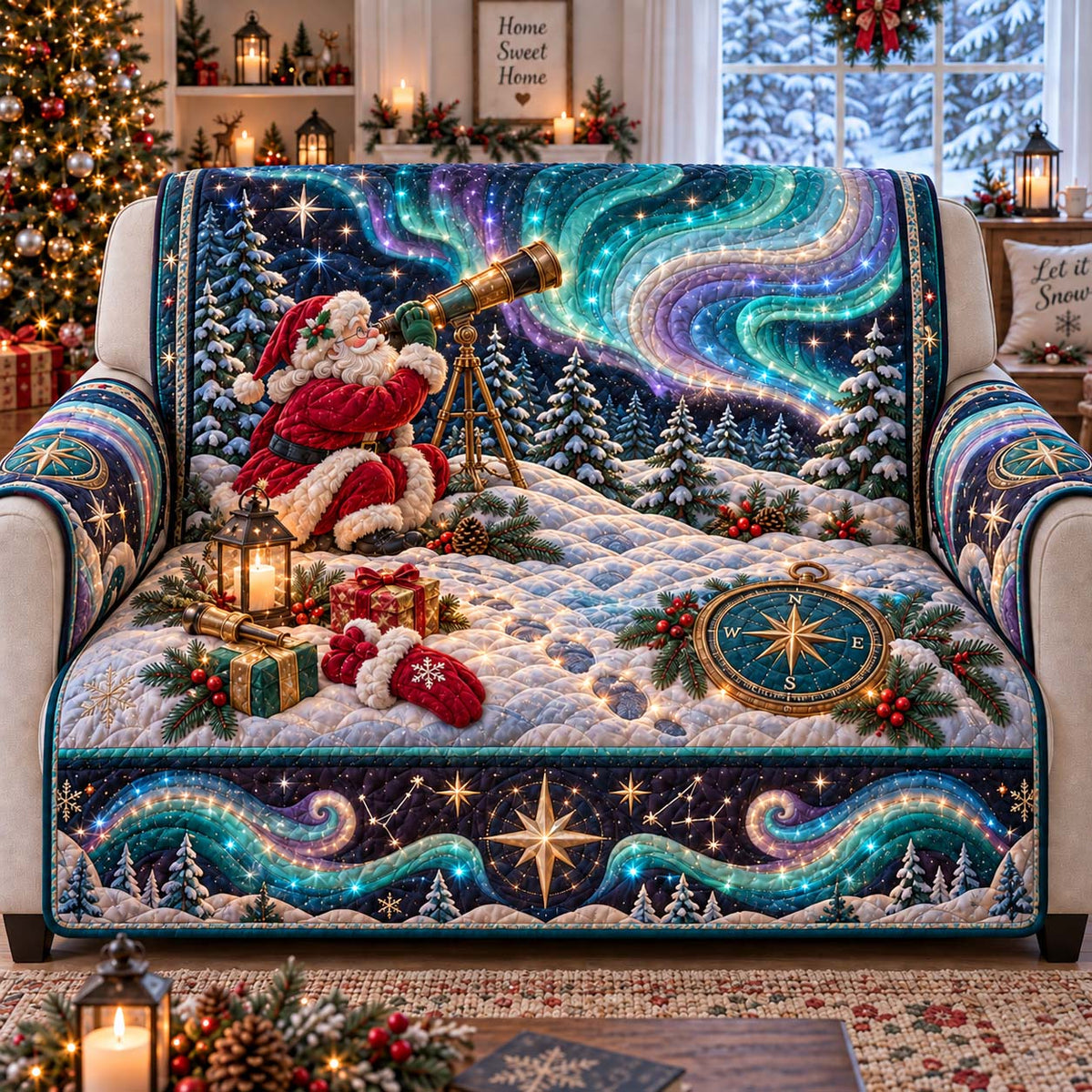 Santa Northern Lights Quilted Sofa Cover GFTONTD3202