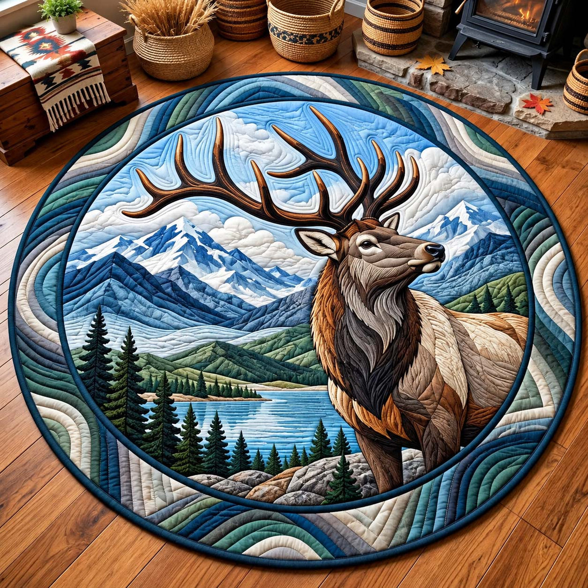 Mountain Elk Wilderness Quilted Round Mat GFTONTD3216