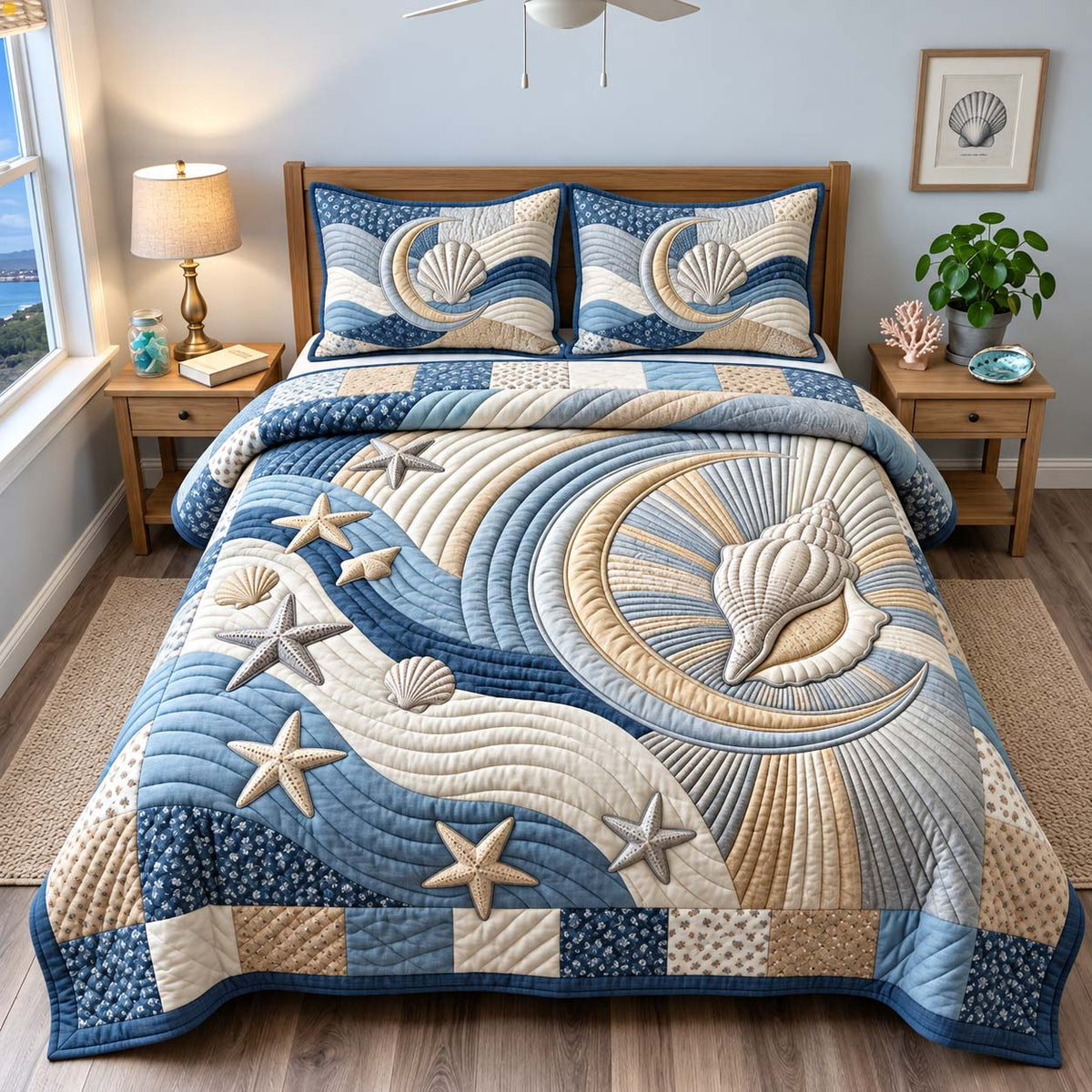Moonlit Seashell 3-Piece Quilted Bedding Set GFTONTD3250
