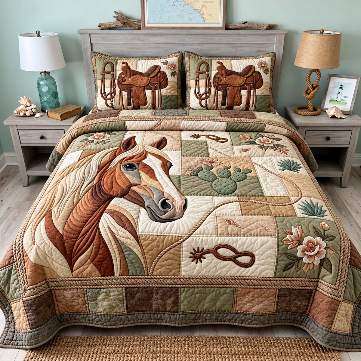 Western Horse And Saddle 3-Piece Quilted Bedding Set GFTONTD3257