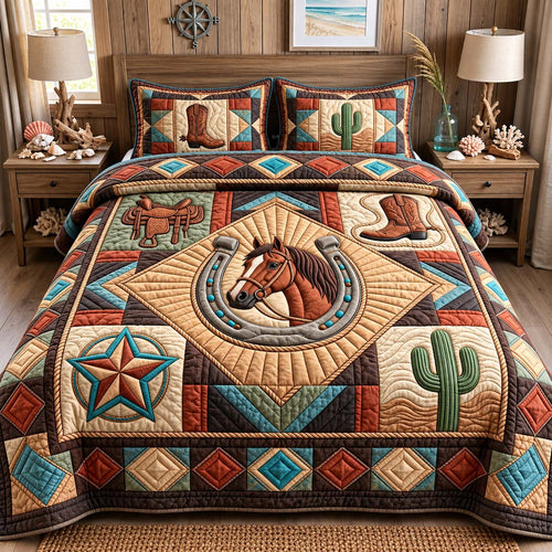 Southwestern Horseshoe Horse 3-Piece Quilted Bedding Set GFTONTD3258