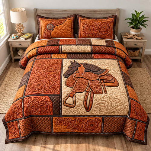 Tooled Leather Saddle 3-Piece Quilted Bedding Set GFTONTD3259