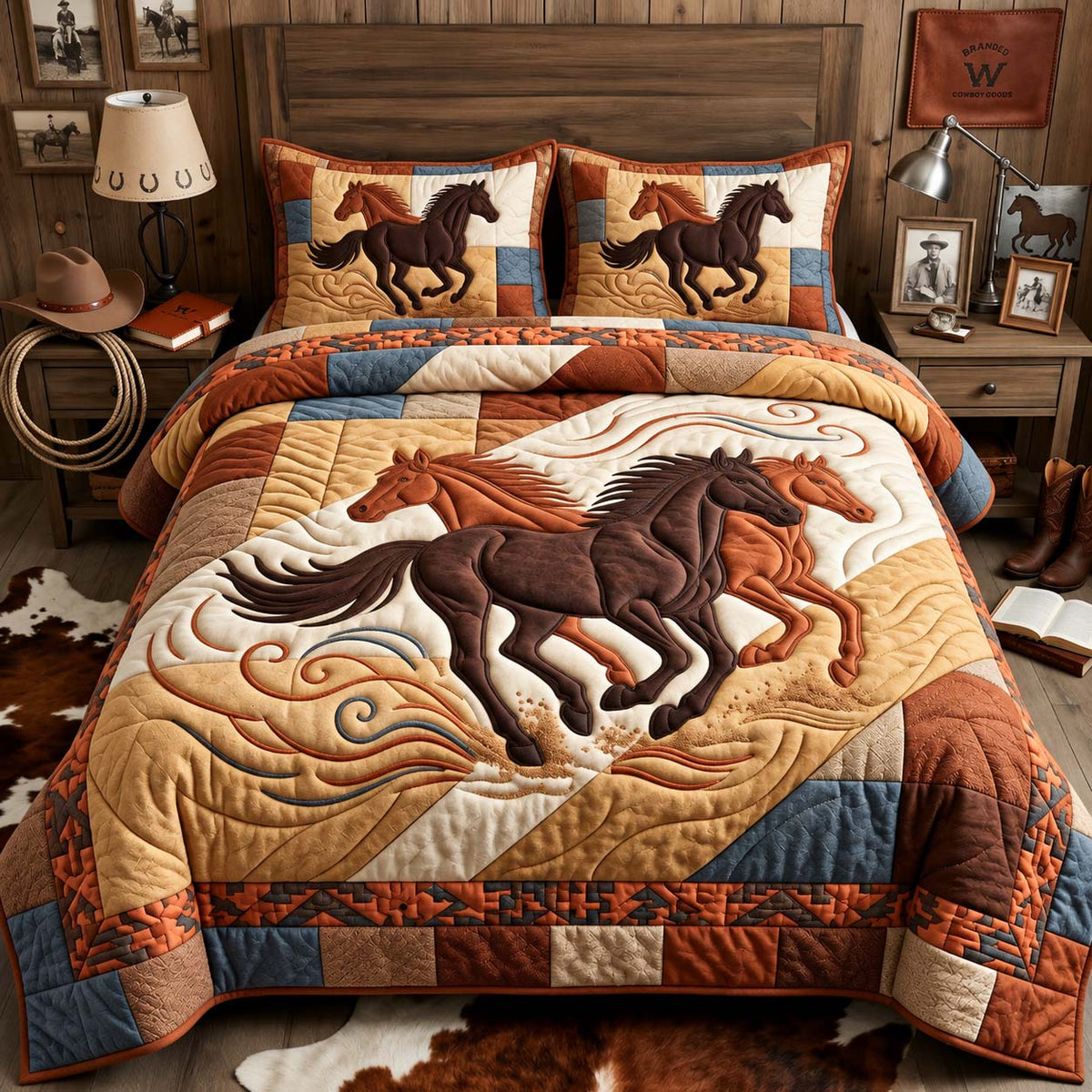 Running Horses Western 3-Piece Quilted Bedding Set GFTONTD3262