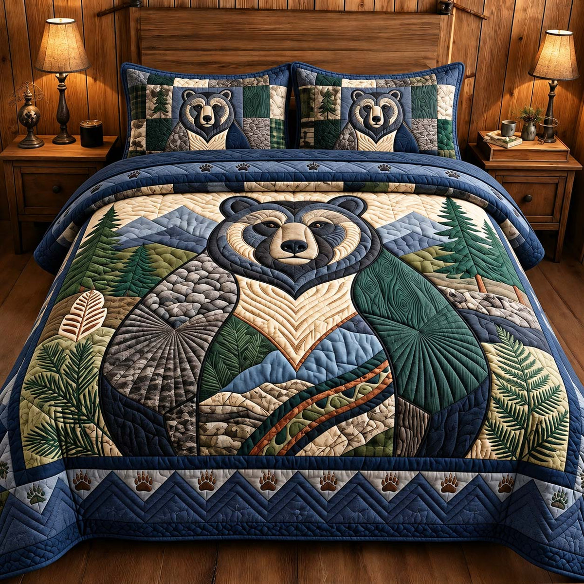 Mountain Bear Portrait 3-Piece Quilted Bedding Set GFTONTD3266