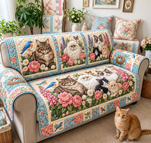 Bluebird Garden Cats Quilted Sofa Cover GFTONTD3274