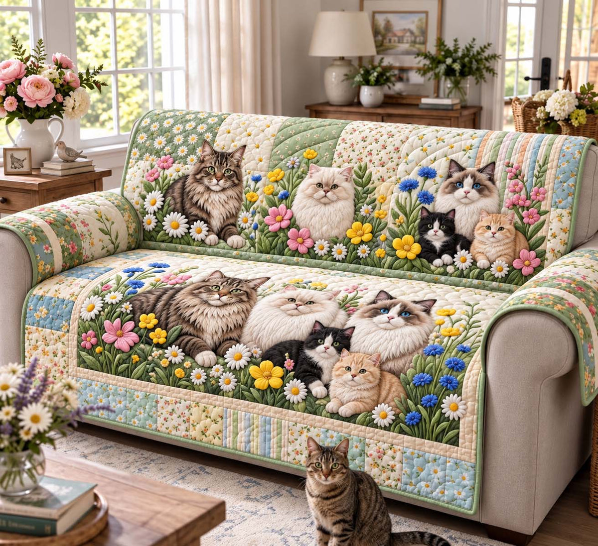 Wildflower Meadow Cats Quilted Sofa Cover GFTONTD3275