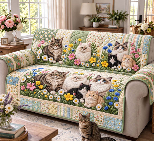 Wildflower Meadow Cats Quilted Sofa Cover GFTONTD3275
