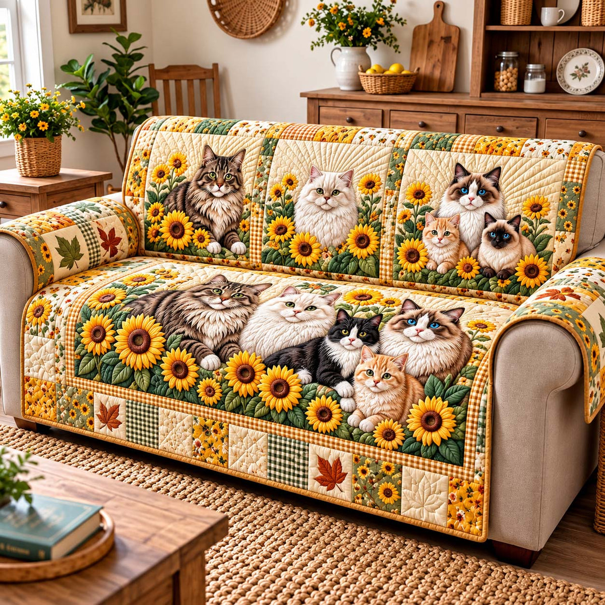 Sunflower Farmhouse Cats Quilted Sofa Cover GFTONTD3277