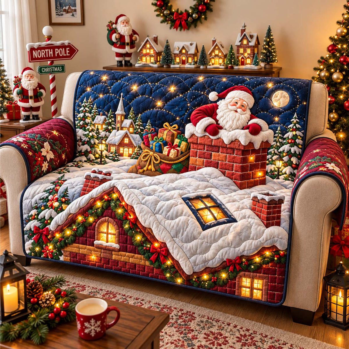 Santa on the Rooftop Quilted Sofa Cover GFTONTD3279
