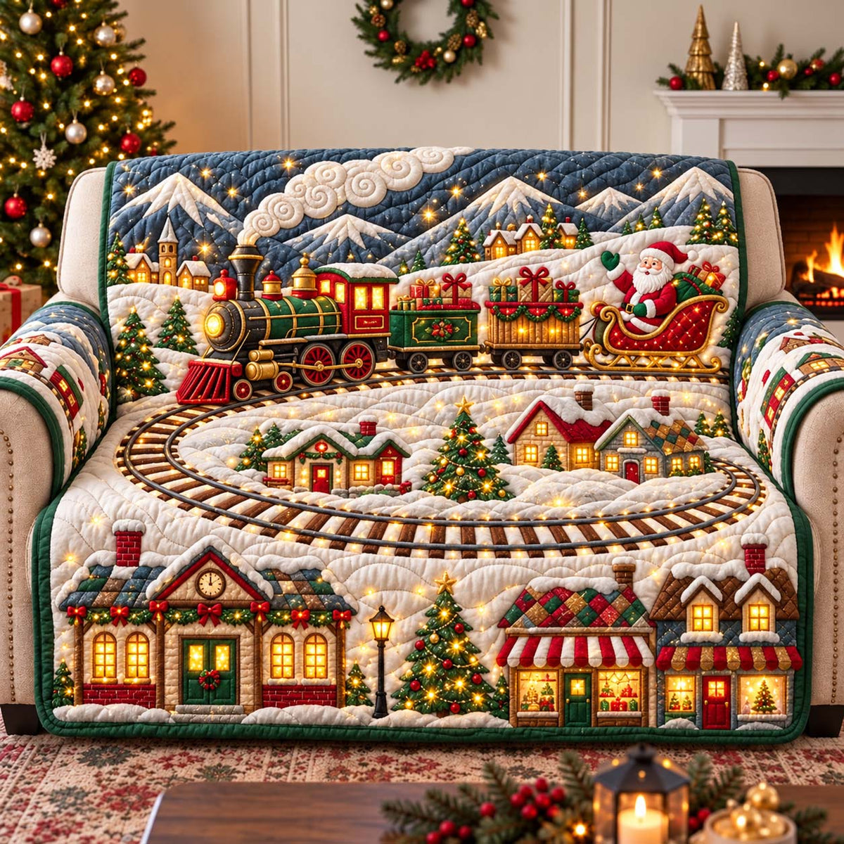 Christmas Express Quilted Sofa Cover GFTONTD3280
