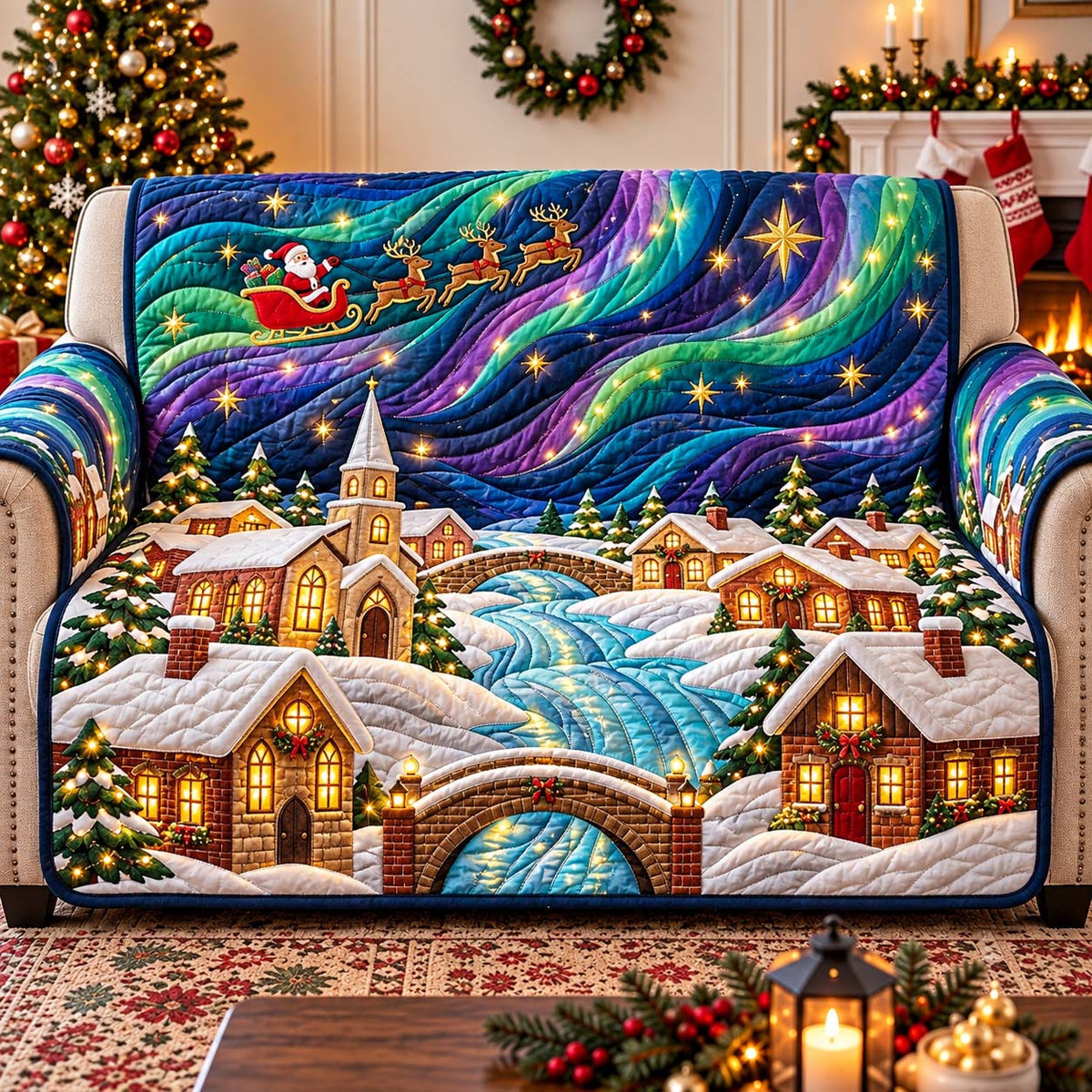 Northern Lights Christmas Village Quilted Sofa Cover GFTONTD3283