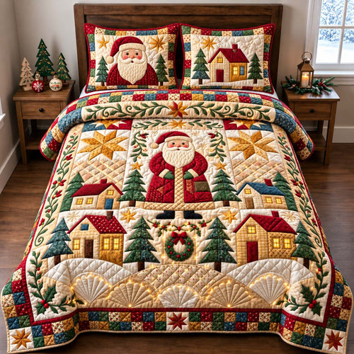 Folk Art Santa 3-Piece Quilted Bedding Set GFTONTD3310