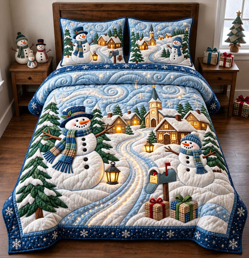 Snowman Christmas Lane 3-Piece Quilted Bedding Set GFTONTD3311