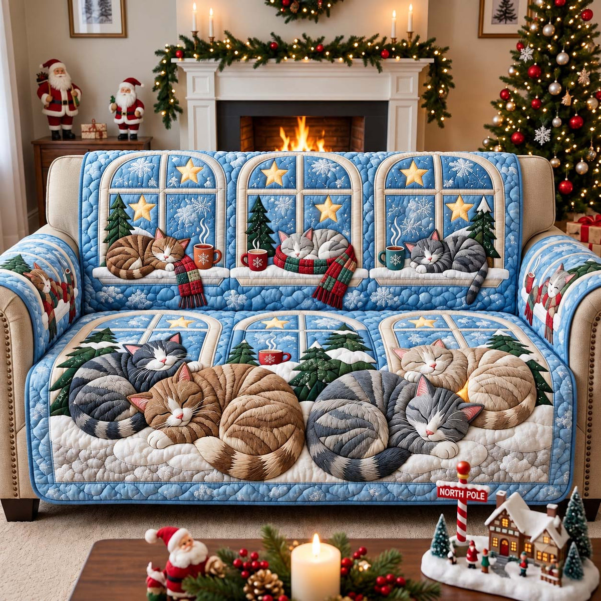 Christmas Window Cats Quilted Sofa Cover GFTONTD3318