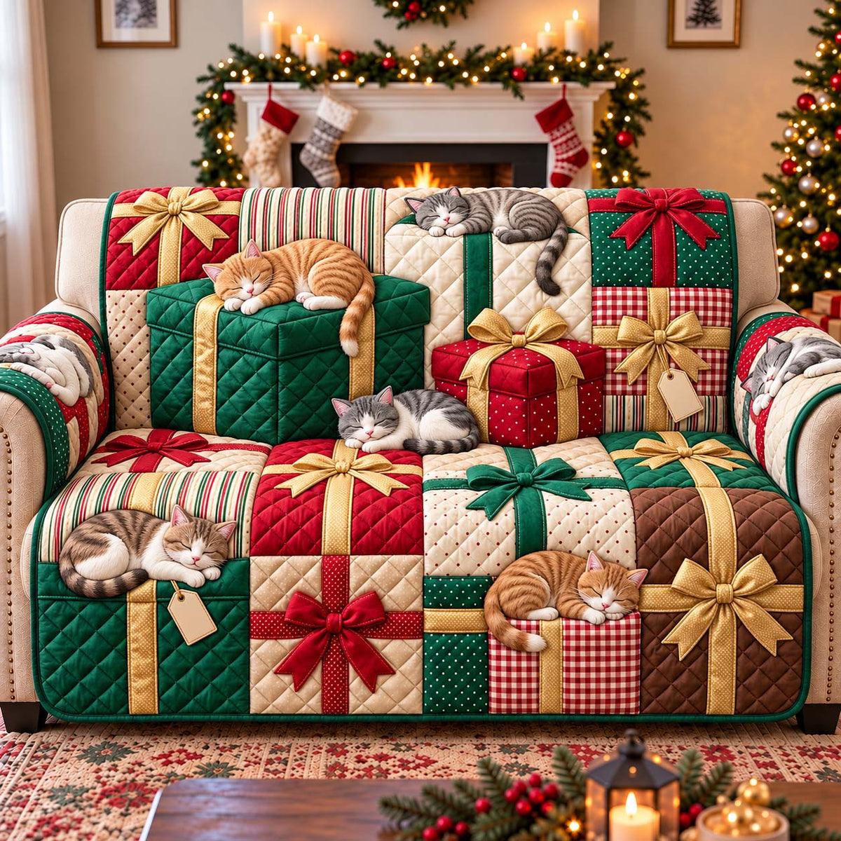 Cats Under The Gifts Quilted Sofa Cover GFTONTD3320