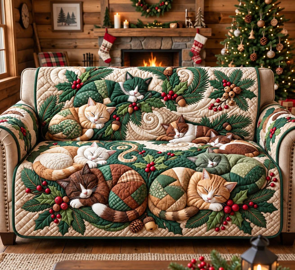 Woodland Christmas Cats Quilted Sofa Cover GFTONTD3322