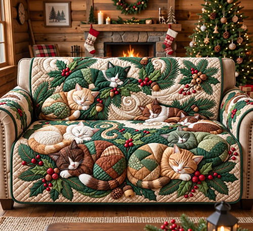 Woodland Christmas Cats Quilted Sofa Cover GFTONTD3322
