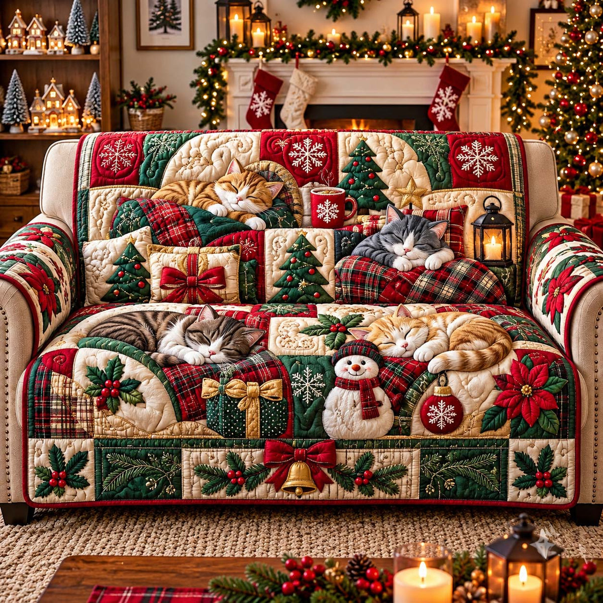 Classic Christmas Cat Quilted Sofa Cover GFTONTD3324