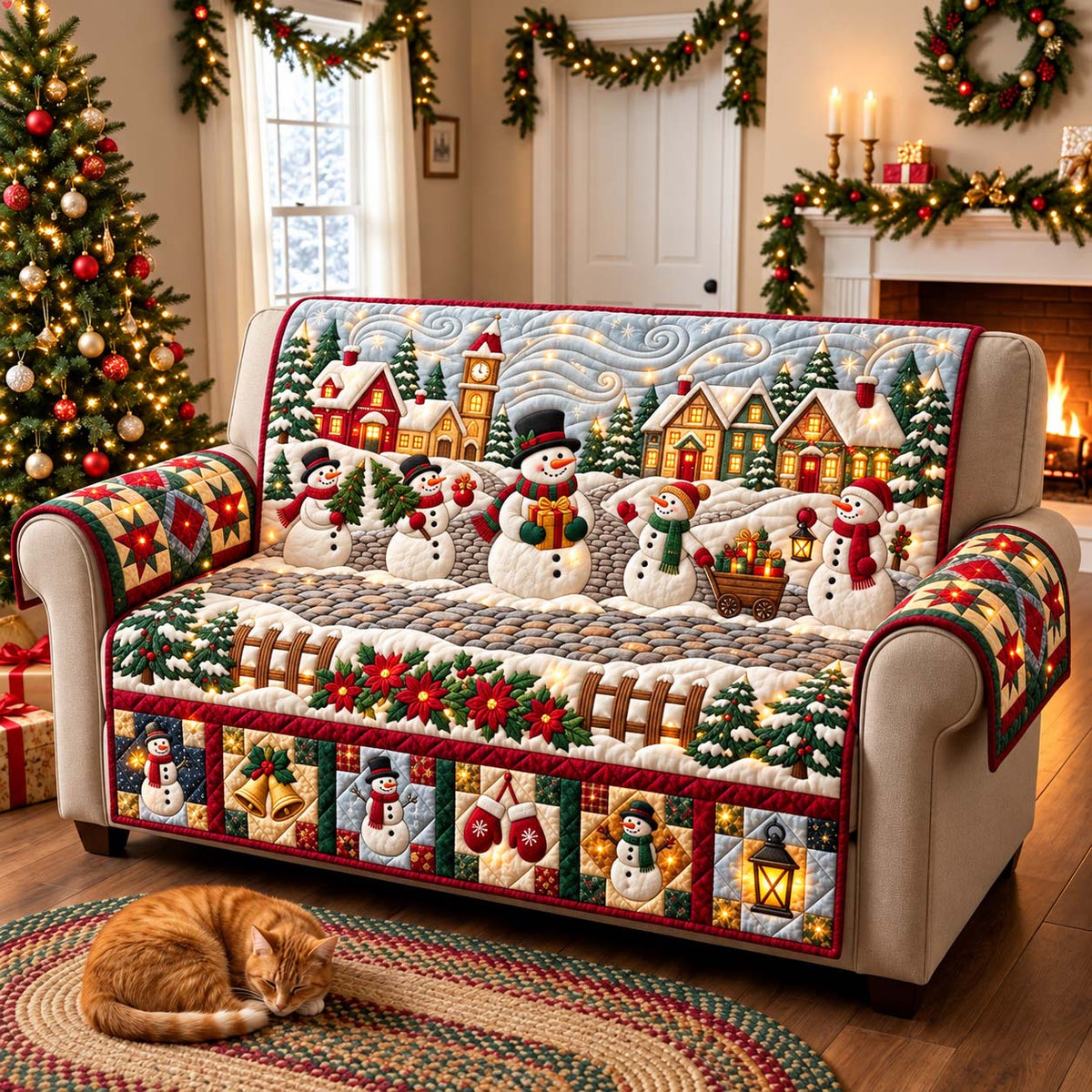 Snowman Christmas Village Quilted Sofa Cover GFTONTD3371