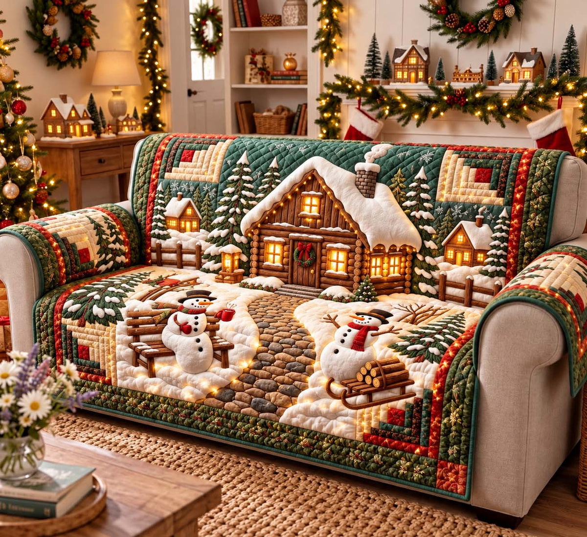 Snowman Cabin Christmas Quilted Sofa Cover GFTONTD3373