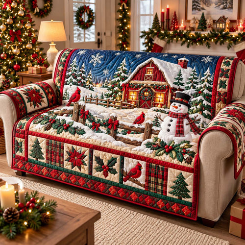 Cardinal Snowman Farmhouse Quilted Sofa Cover GFTONTD3375