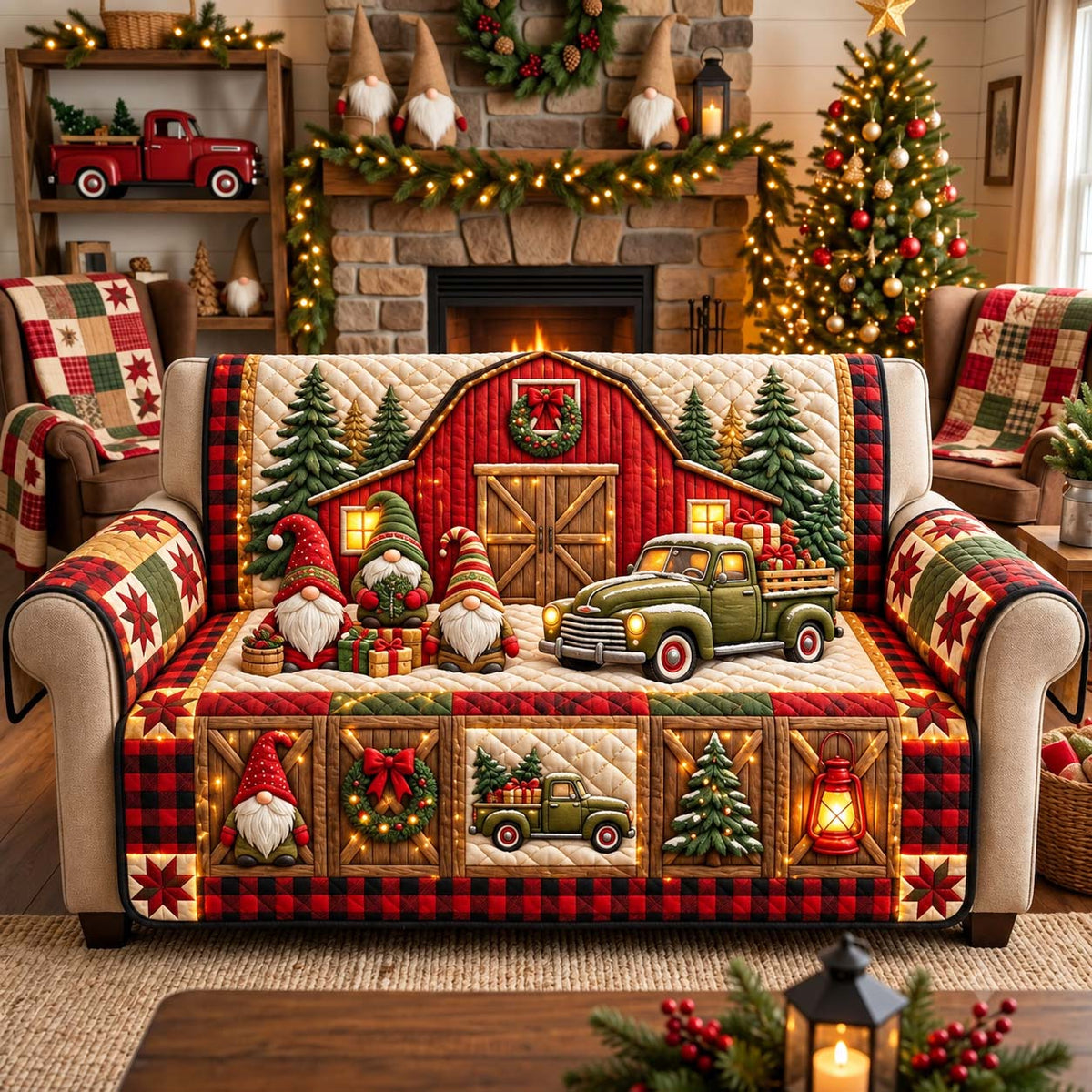Gnome Christmas Barn Quilted Sofa Cover GFTONTD3381