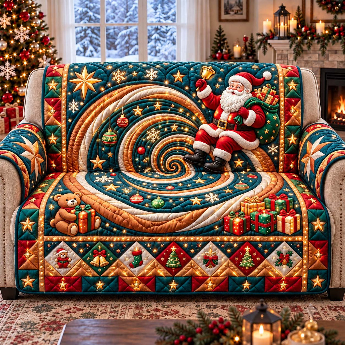 Santa Christmas Swirl Quilted Sofa Cover GFTONTD3385