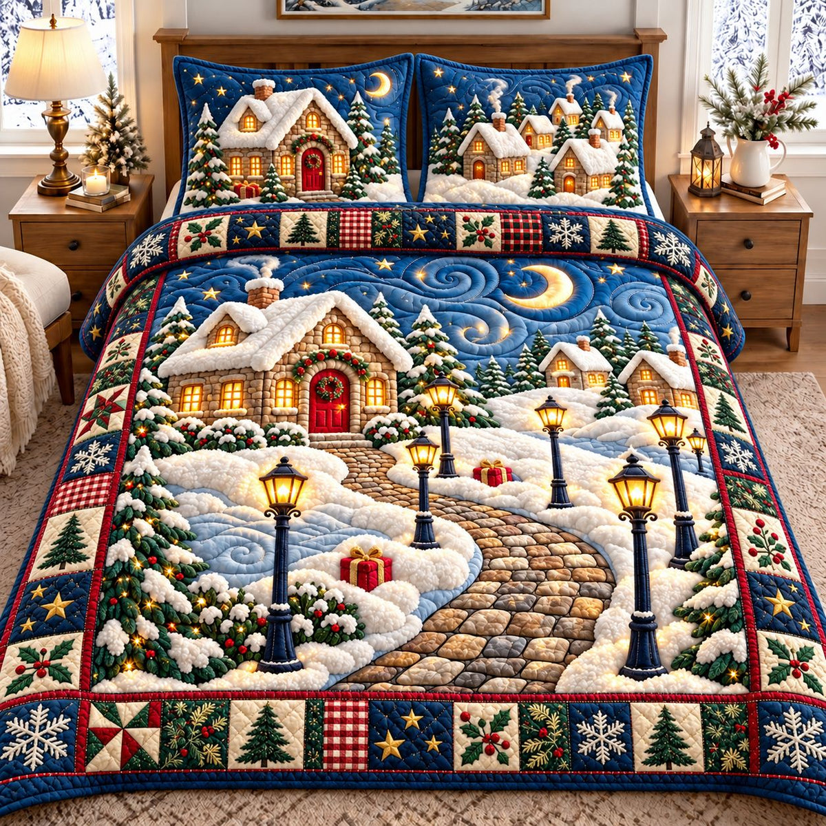 Moonlit Christmas Cottage 3-Piece Quilted Bedding Set GFTONTD3397