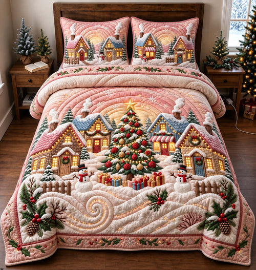 Blush Winter Village 3-Piece Quilted Bedding Set GFTONTD3398
