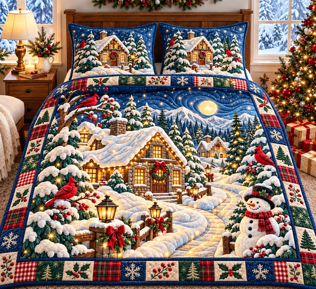 Cardinal Snow Cottage 3-Piece Quilted Bedding Set GFTONTD3399