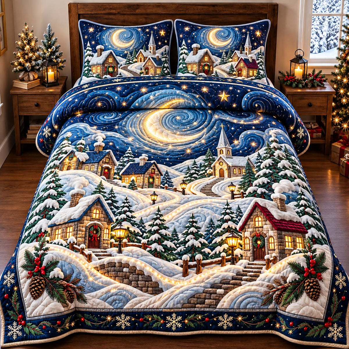 Starlit Christmas Village 3-Piece Quilted Bedding Set GFTONTD3400