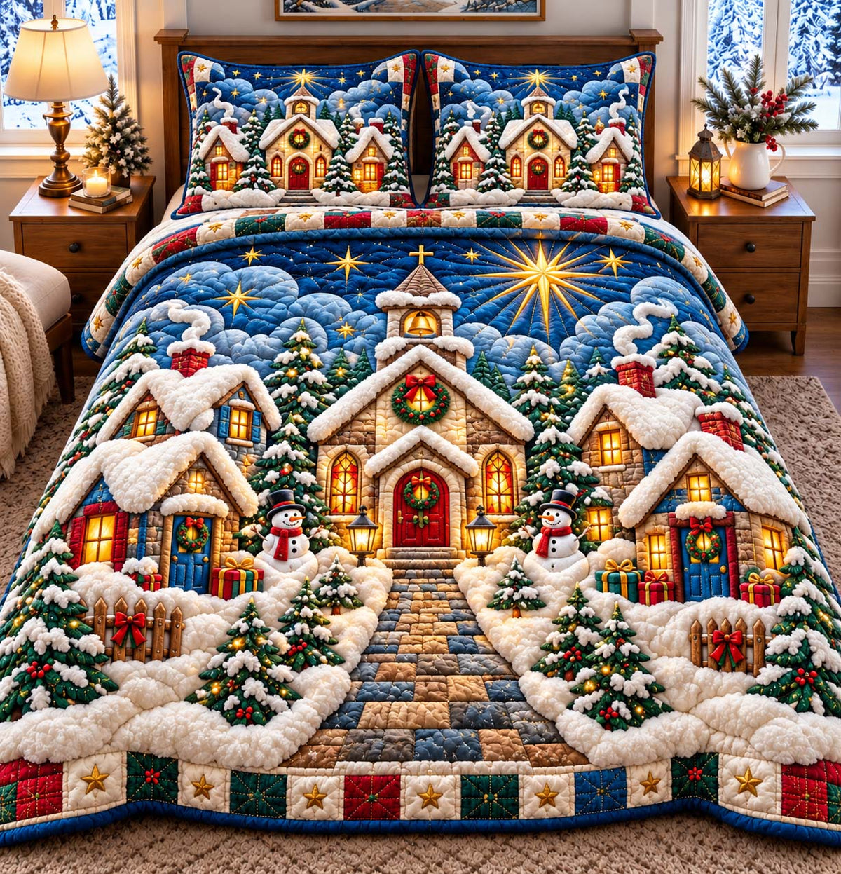 Christmas Chapel Village 3-Piece Quilted Bedding Set GFTONTD3402
