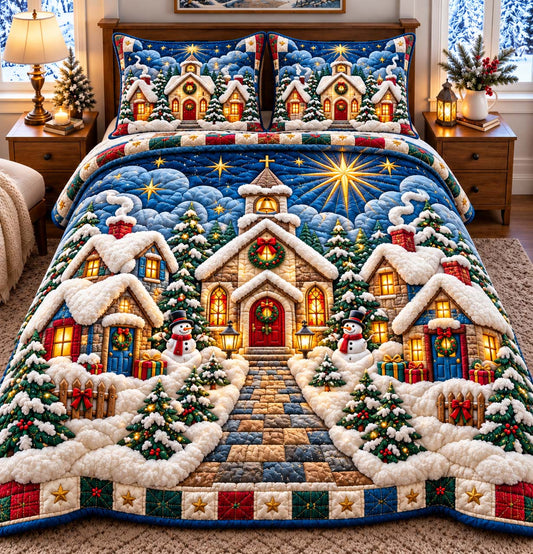 Christmas Chapel Village 3-Piece Quilted Bedding Set GFTONTD3402