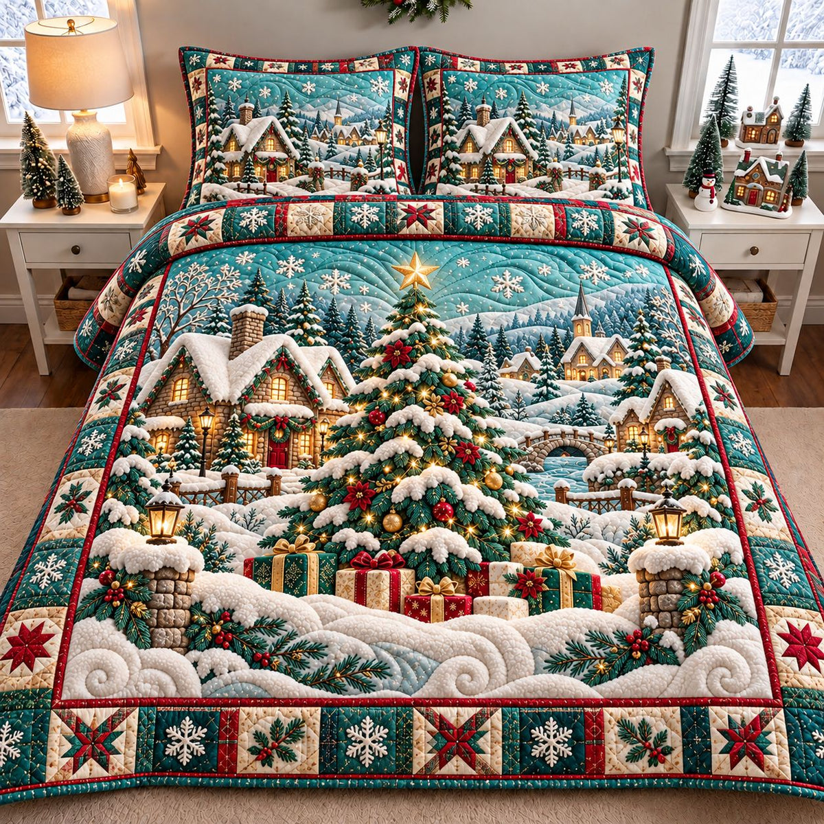 Candy Snow Village 3-Piece Quilted Bedding Set GFTONTD3403