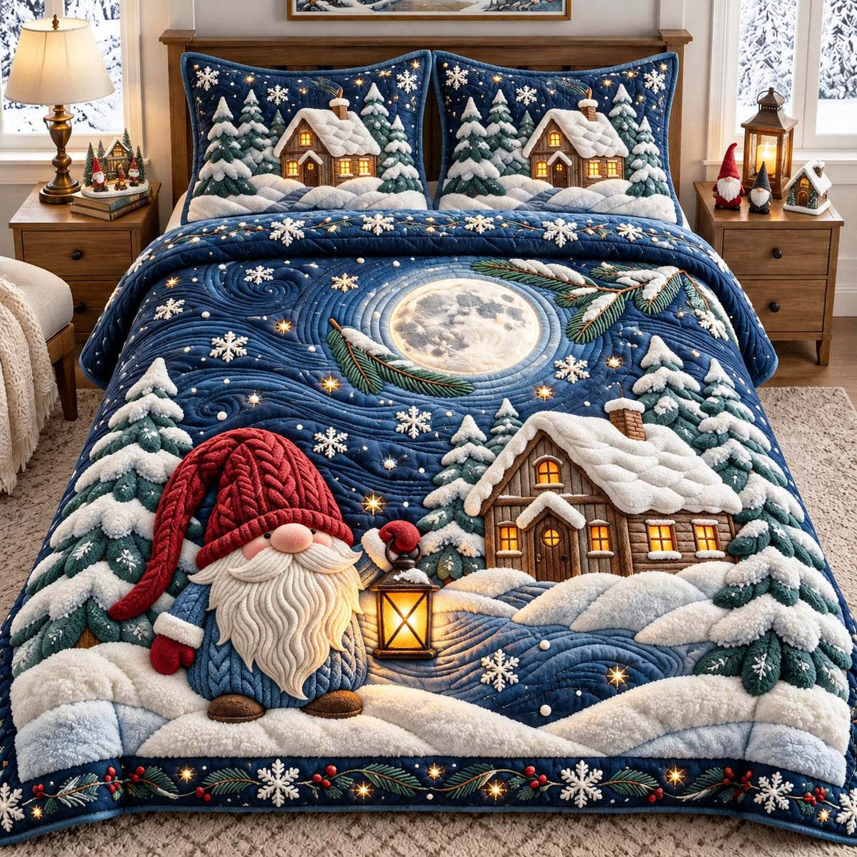 Moonlit Gnome Cottage 3-Piece Quilted Bedding Set GFTONTD3404