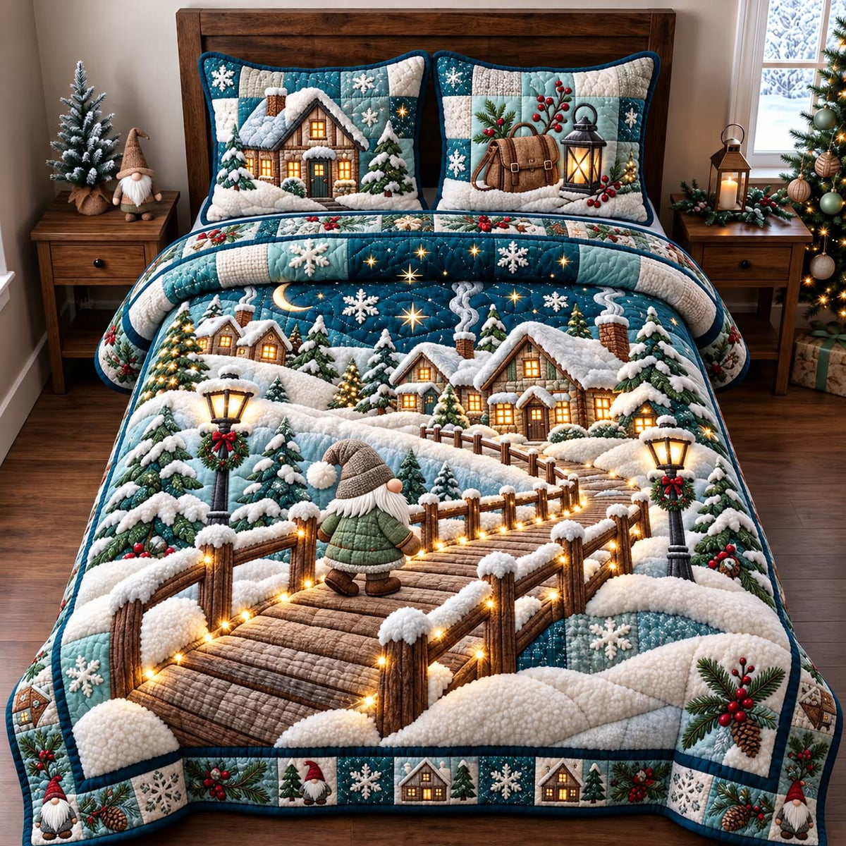 Gnome Winter Journey 3-Piece Quilted Bedding Set GFTONTD3405