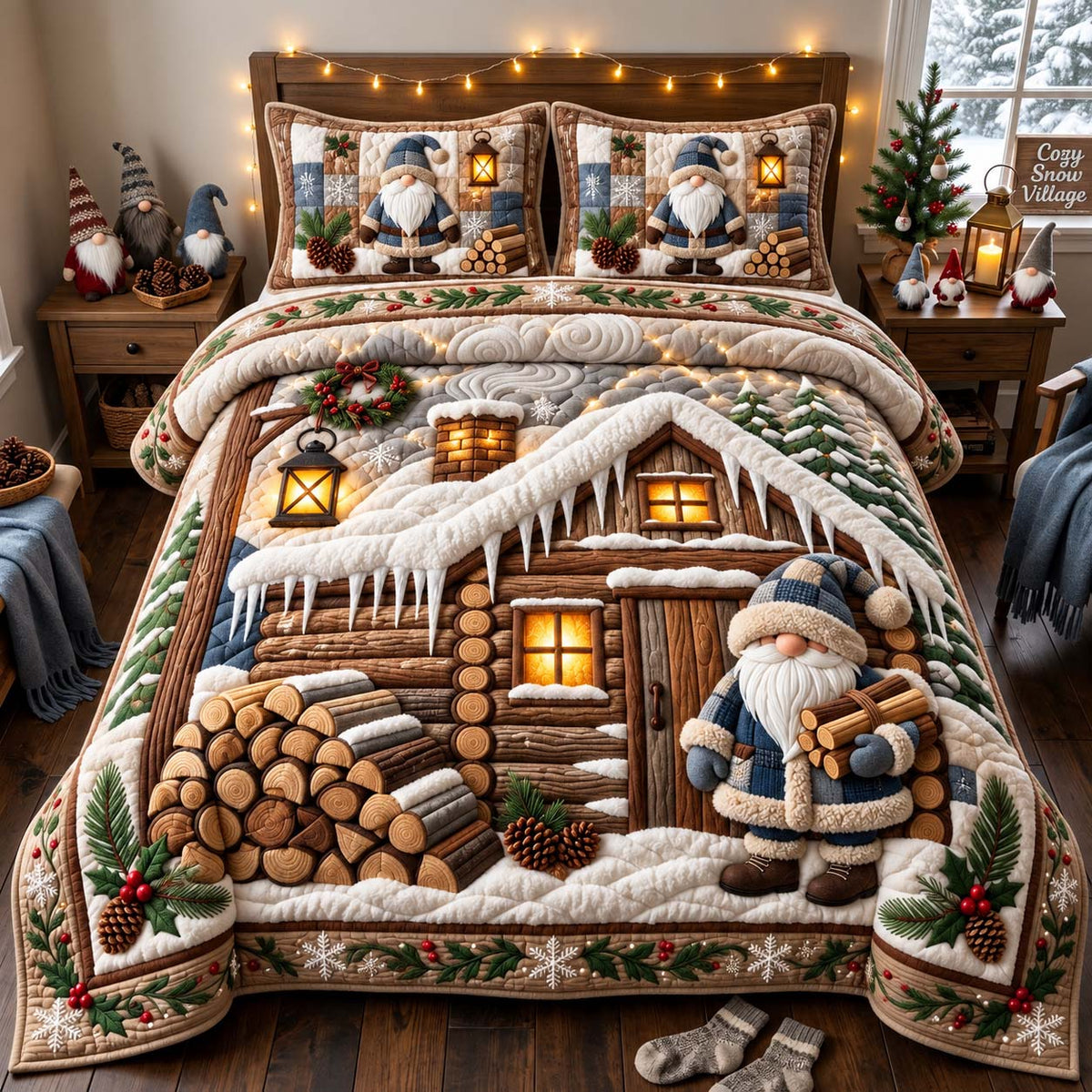 Cozy Cabin Gnome 3-Piece Quilted Bedding Set GFTONTD3406