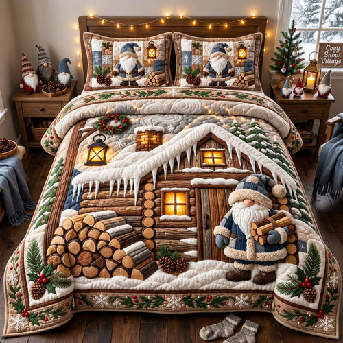 Cozy Cabin Gnome 3-Piece Quilted Bedding Set GFTONTD3406