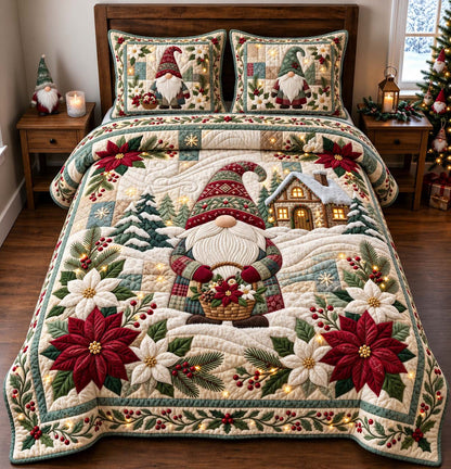 Poinsettia Christmas Gnome 3-Piece Quilted Bedding Set GFTONTD3408