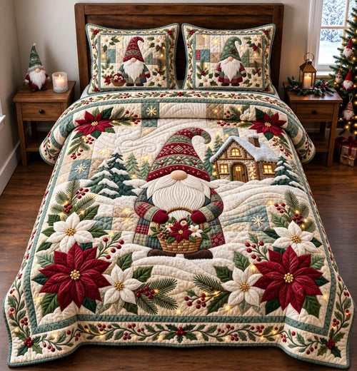 Poinsettia Christmas Gnome 3-Piece Quilted Bedding Set GFTONTD3408