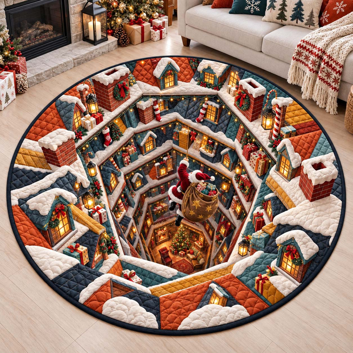 Rooftop Christmas Tunnel Quilted Round Mat GFTONTD3415