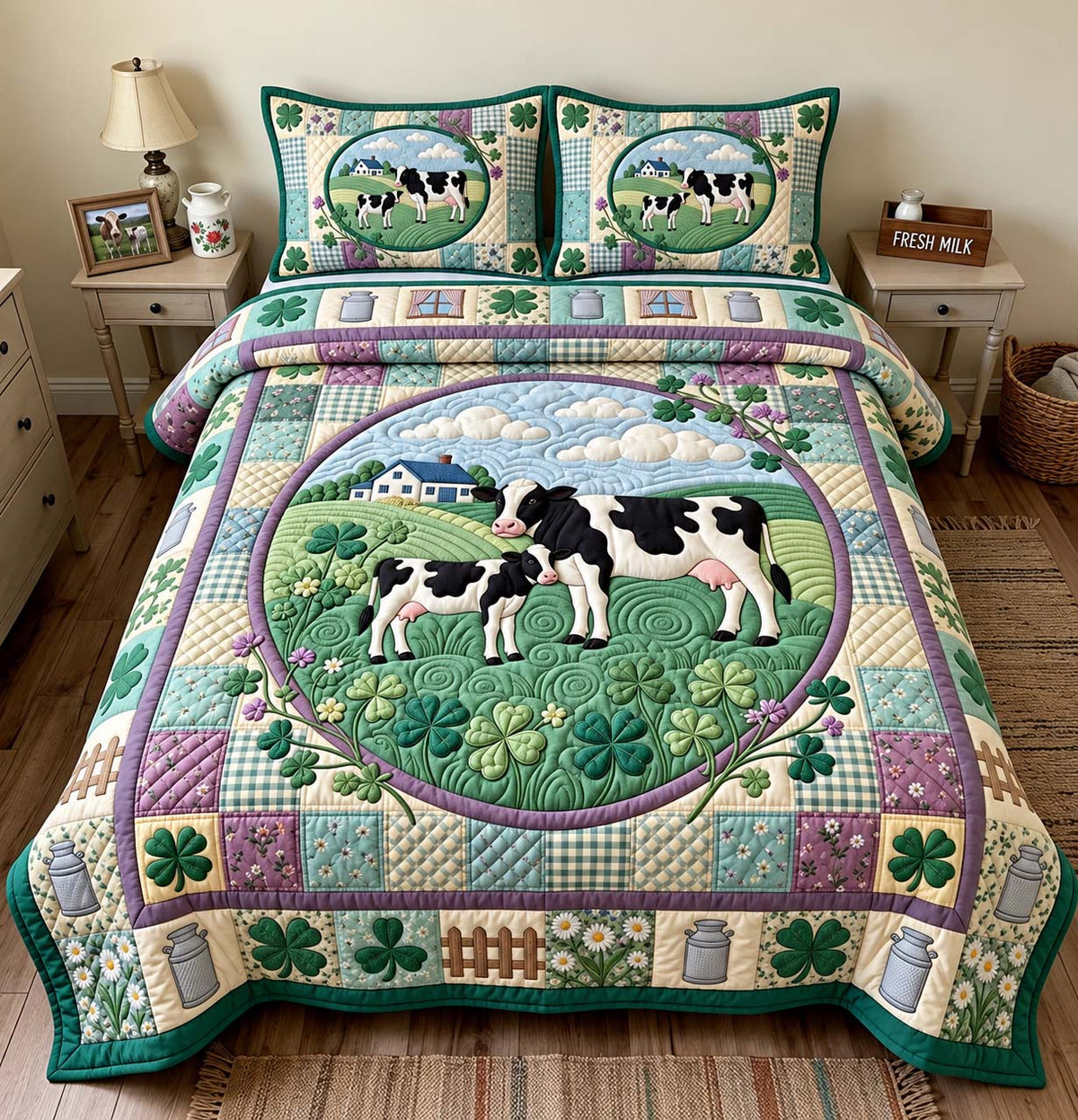 Clover Meadow Cows 3-Piece Quilted Bedding Set GFTONTD3446