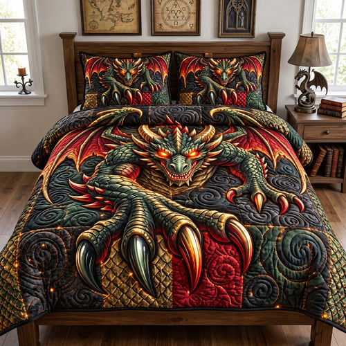Emerald Dragon 3-Piece Quilted Bedding Set GFTONTD3453