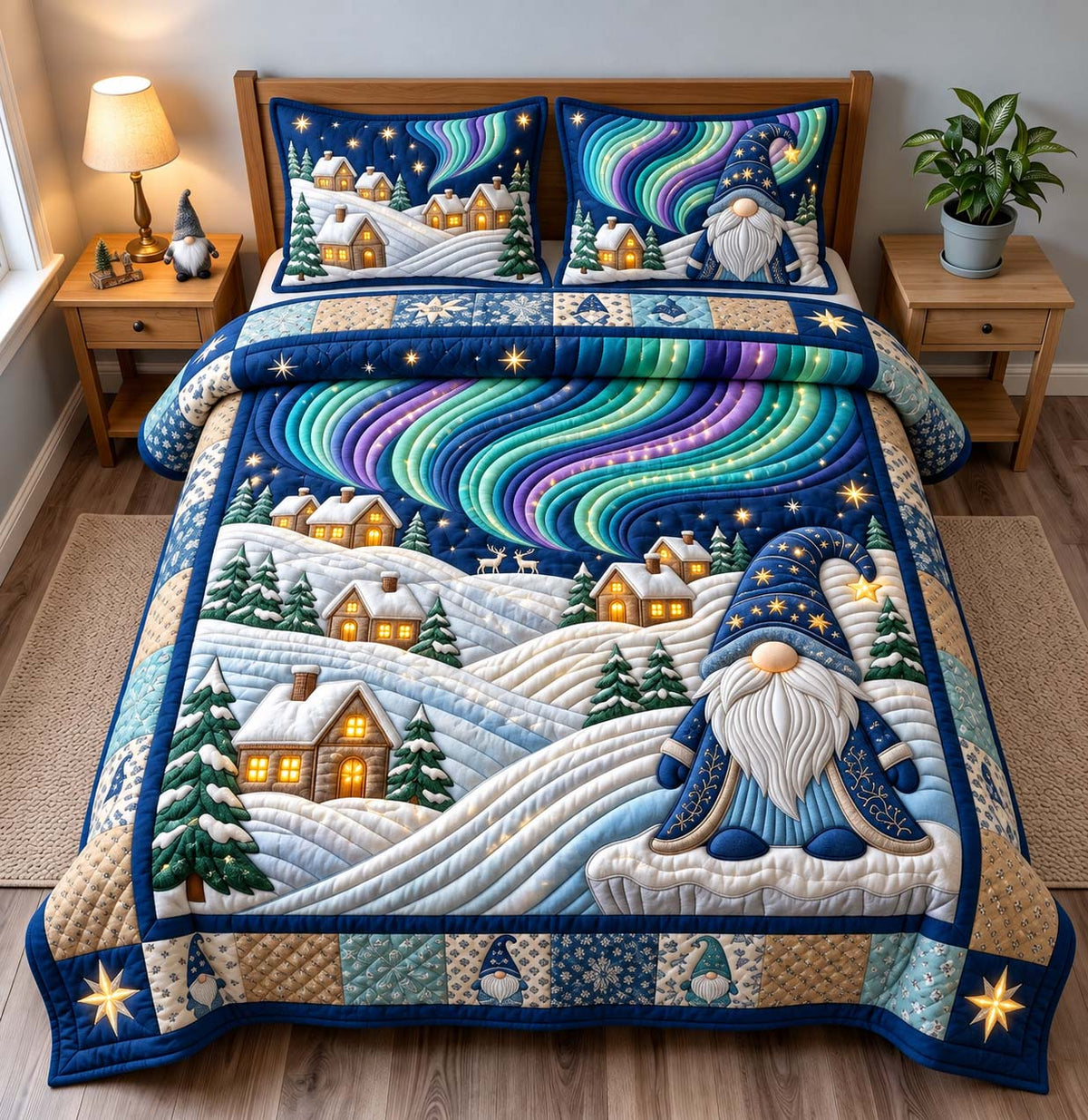 Aurora Gnome Night 3-Piece Quilted Bedding Set GFTONTD3459