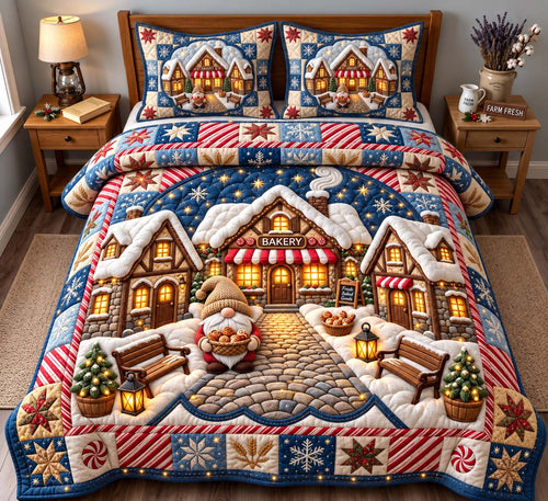 Christmas Bakery Village 3-Piece Quilted Bedding Set GFTONTD3463